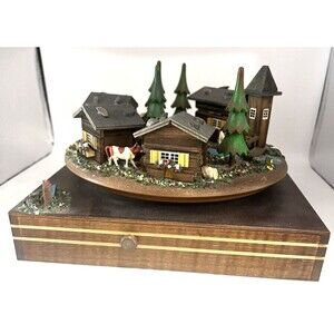 Rare Reuge Vintage Swiss Chalet Village Rotating Scene Musical Movement